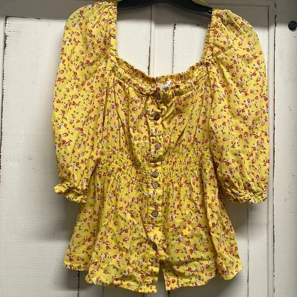 Yellow Floral Button-Front Peasant Blouse with Smocked Waist